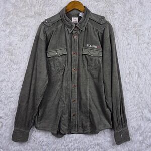 Triple Five Soul Mens XL Corduroy Military Shirt Olive Green Distressed Y2K